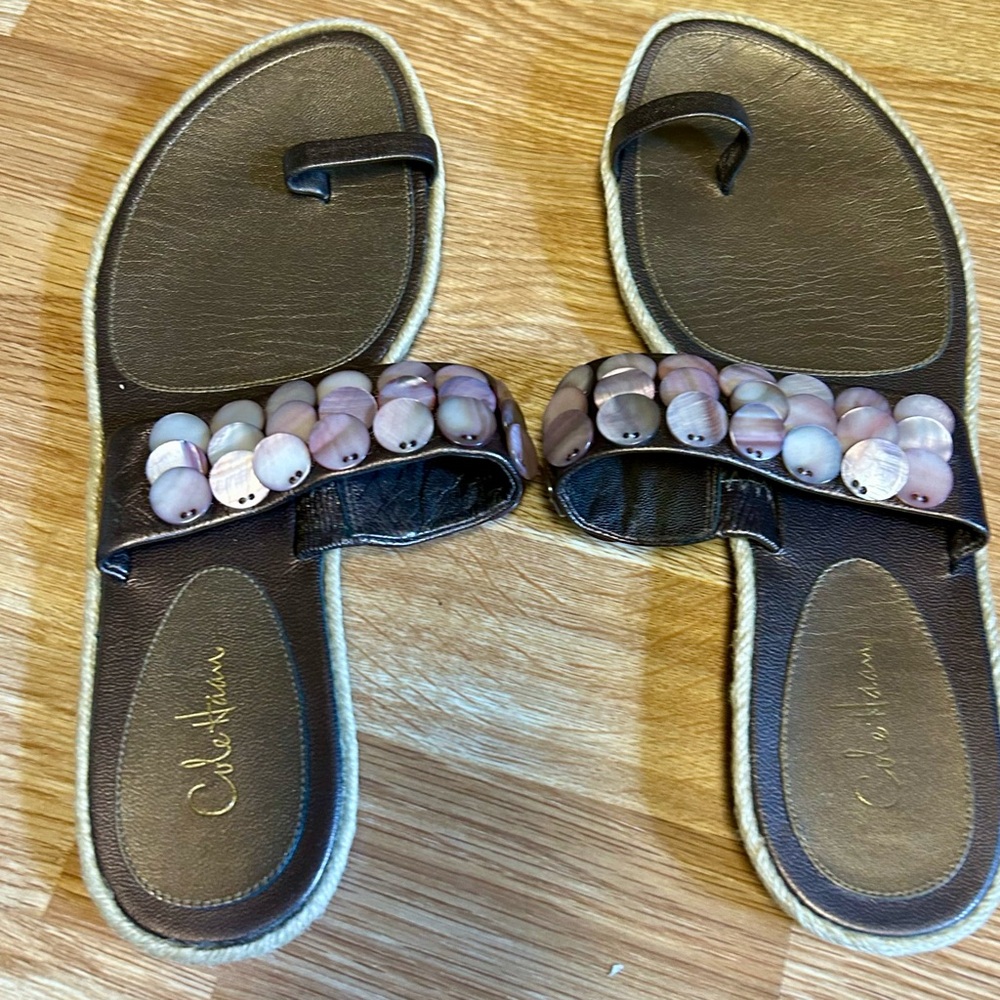 Cole Haan Women's Dark Brown Sandals with Metallic Shells Dawn Thong Sz 9